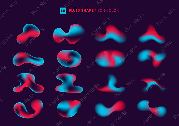 Set of Gradient Fluid Shape Elements and Modern Abstract Gradient Fluid Shape Neon Color on Purple Background
